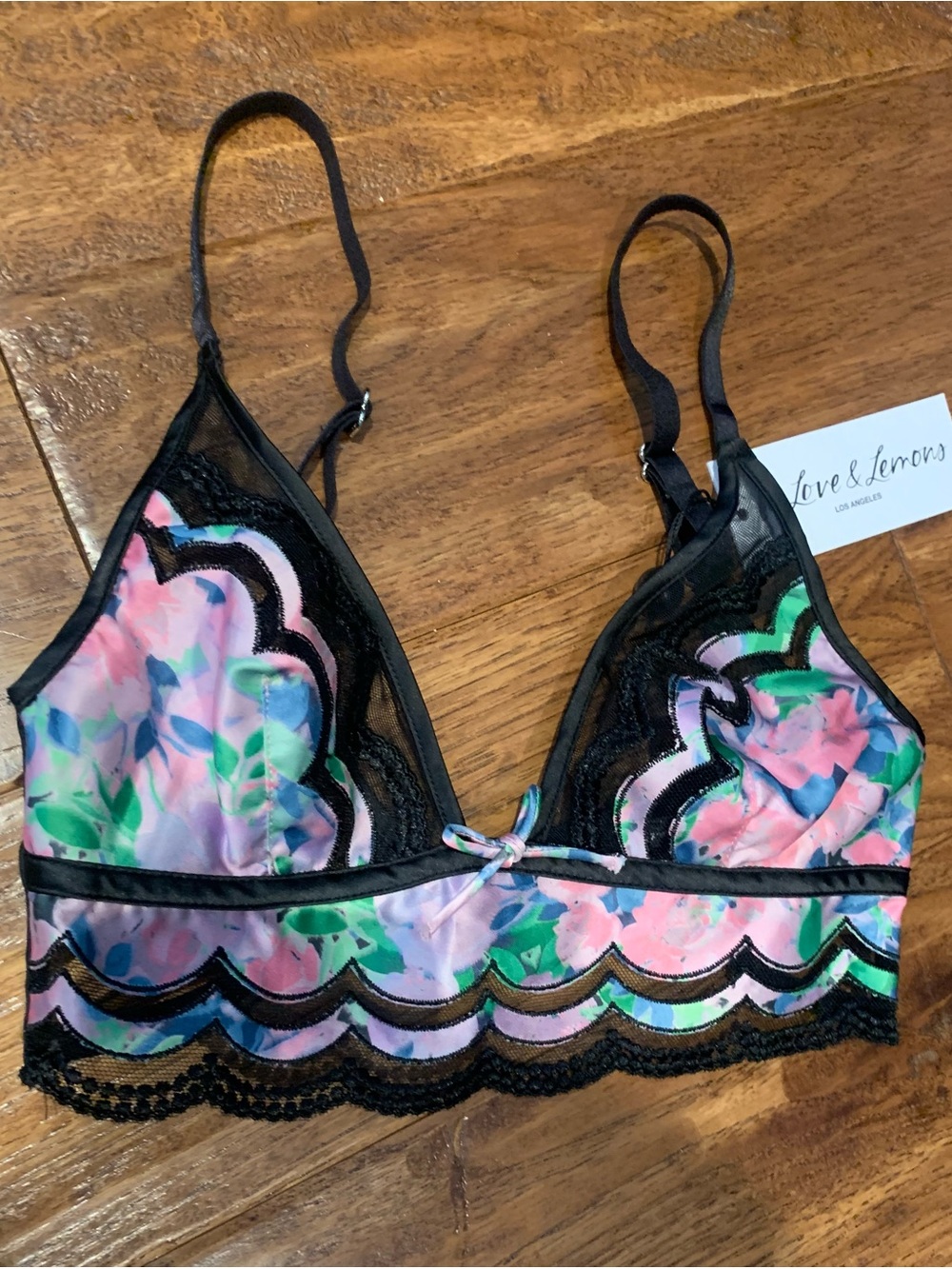 For Love And Lemons Pink & Green Floral Lace Bralette with Black Trim